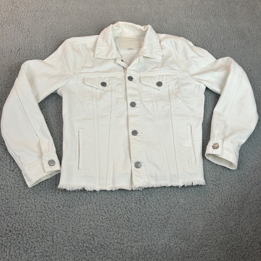 Lucky Brand Jacket Women Small Petite White The Tomboy Trucker Fringe Hem - Picture 1 of 16
